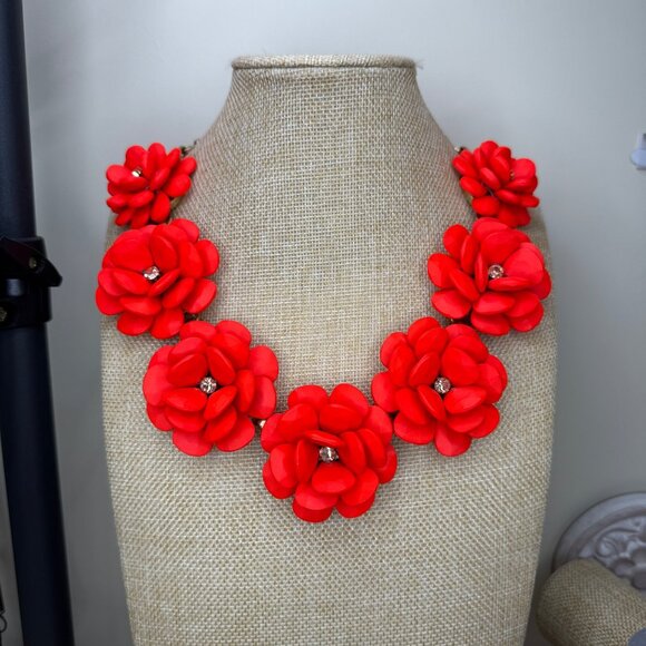 J. Crew Orange Floral Statement Necklace W/ Crystal Accents & Gold-Tone Chain - Picture 4 of 10